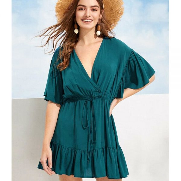 The Best New Women Green V-neck Frill Mini Short Dress Ladies Short Sleeve Fashion Summer Beach Skater Slim Sundress Online - Takalr