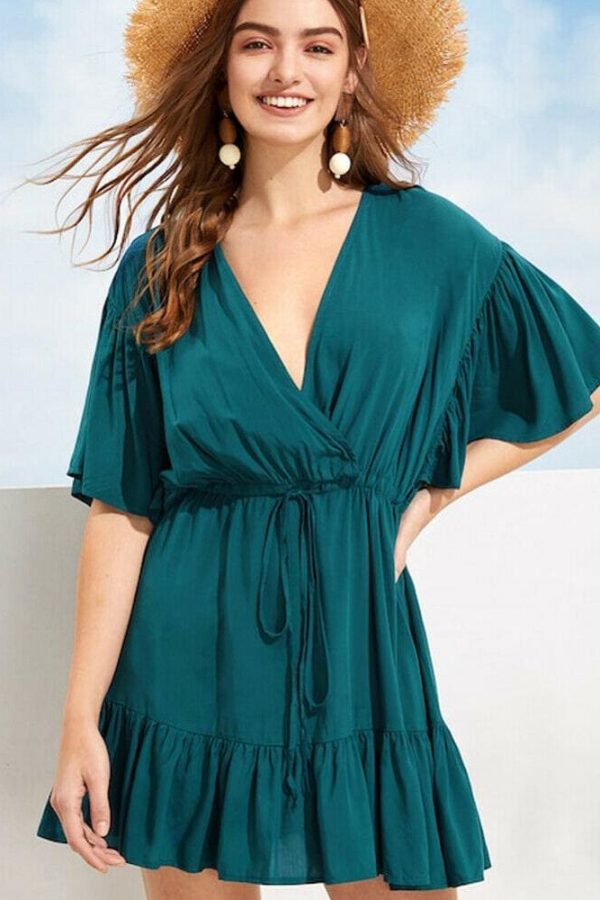 The Best New Women Green V-neck Frill Mini Short Dress Ladies Short Sleeve Fashion Summer Beach Skater Slim Sundress Online - Takalr