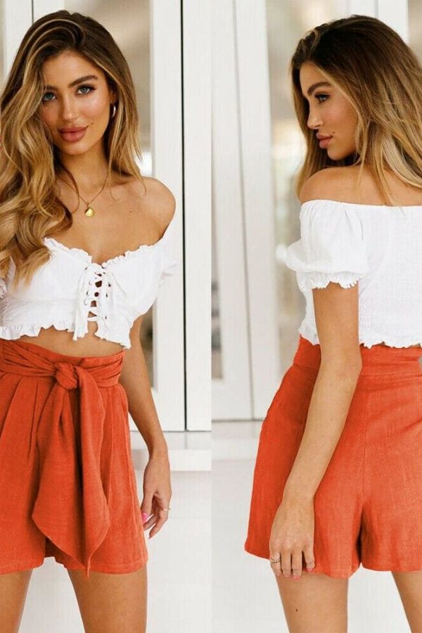 The Best New Women High Waist Tie Belt Dungaree Shorts Fashion Ladies Summer Beach Solid Casual Loose Trousers Shorts Bottoms Online - Takalr