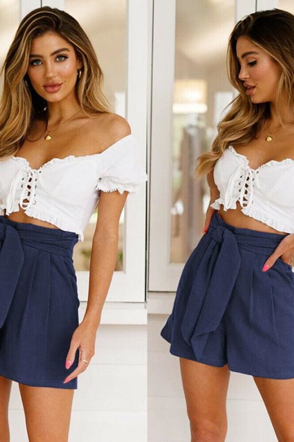 The Best New Women High Waist Tie Belt Dungaree Shorts Fashion Ladies Summer Beach Solid Casual Loose Trousers Shorts Bottoms Online - Takalr