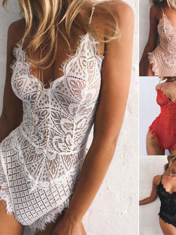 The Best New Women Lace Babydoll Sleeveless Deep V-Neck Pijamas Bodysuit Sexy Hot Beachwear Slim Nightwear Sleepwear Bodysuit Online - Takalr