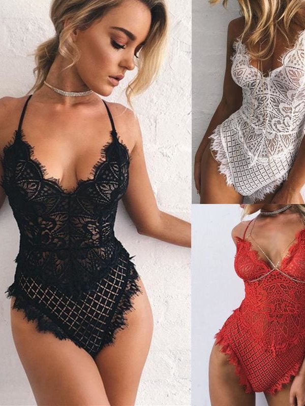 The Best New Women Lace Babydoll Sleeveless Deep V-Neck Pijamas Bodysuit Sexy Hot Beachwear Slim Nightwear Sleepwear Bodysuit Online - Takalr