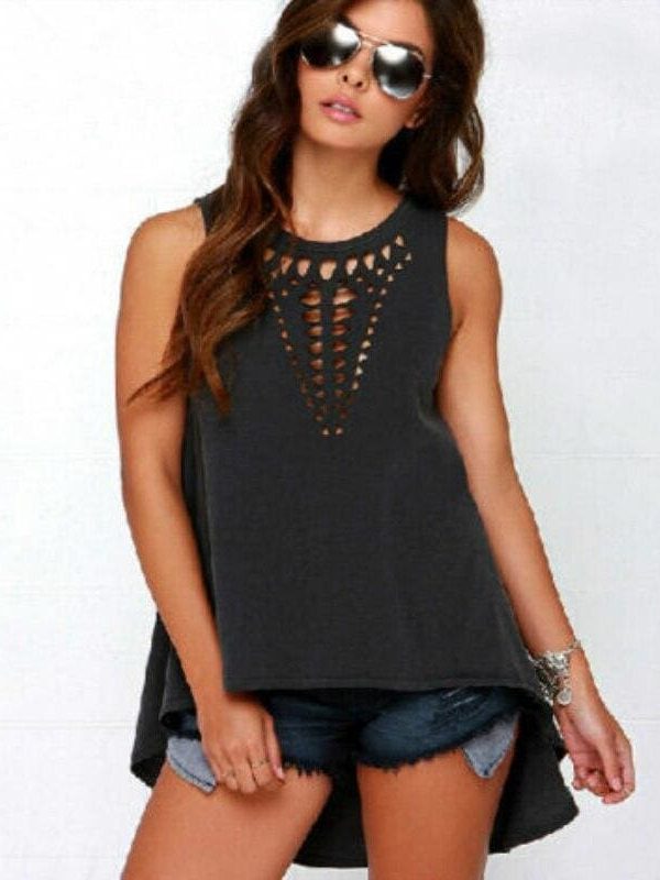 The Best New Women Ladies Black Hollow Out Sleeveless T-Shirts Solid Tops Summer Loose T-Shirts Plus Size Online - Takalr