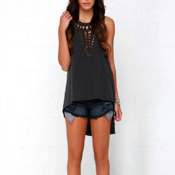 The Best New Women Ladies Black Hollow Out Sleeveless T-Shirts Solid Tops Summer Loose T-Shirts Plus Size Online - Takalr