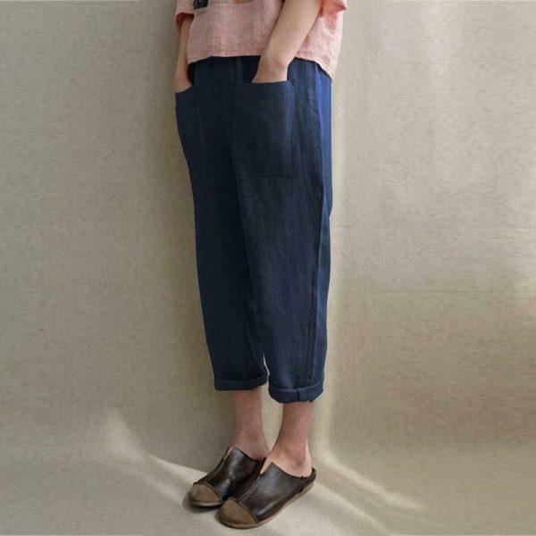 The Best New Women Ladies Casual Loose High Waist Long Pants Linen Cotton Elastic Trouser Female Summer Casual Loose Trouser Online - Takalr