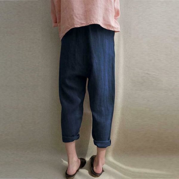 The Best New Women Ladies Casual Loose High Waist Long Pants Linen Cotton Elastic Trouser Female Summer Casual Loose Trouser Online - Takalr