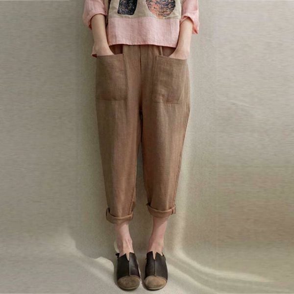 The Best New Women Ladies Casual Loose High Waist Long Pants Linen Cotton Elastic Trouser Female Summer Casual Loose Trouser Online - Takalr