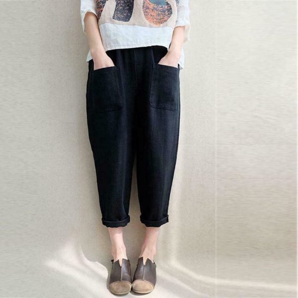 The Best New Women Ladies Casual Loose High Waist Long Pants Linen Cotton Elastic Trouser Female Summer Casual Loose Trouser Online - Takalr