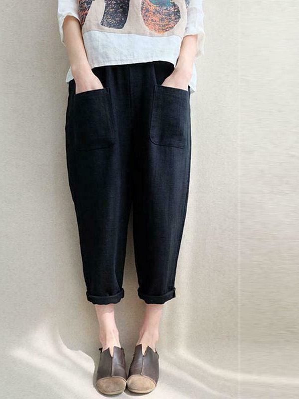 The Best New Women Ladies Casual Loose High Waist Long Pants Linen Cotton Elastic Trouser Female Summer Casual Loose Trouser Online - Takalr