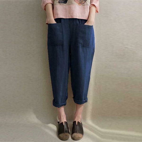 The Best New Women Ladies Casual Loose High Waist Long Pants Linen Cotton Elastic Trouser Female Summer Casual Loose Trouser Online - Takalr