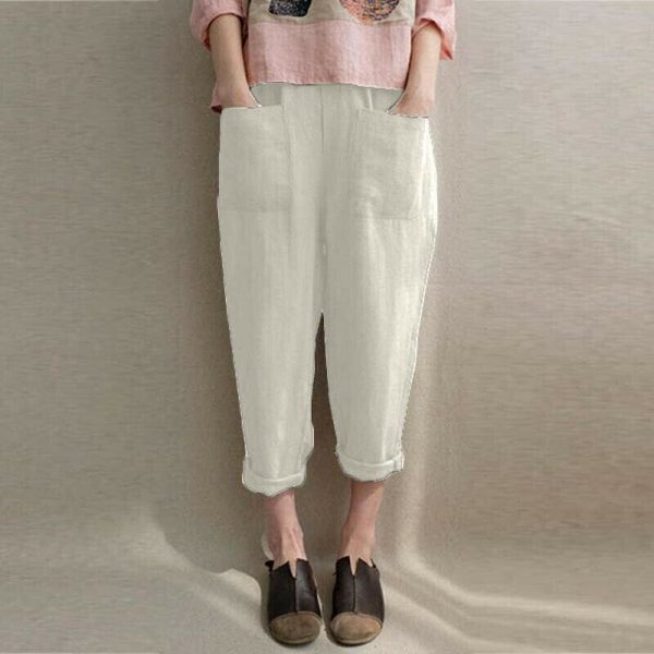 The Best New Women Ladies Casual Loose High Waist Long Pants Linen Cotton Elastic Trouser Female Summer Casual Loose Trouser Online - Takalr