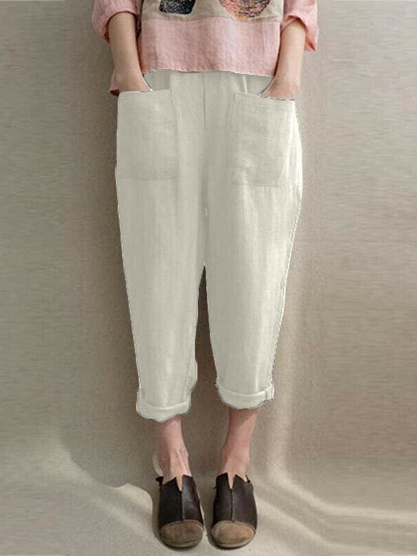 The Best New Women Ladies Casual Loose High Waist Long Pants Linen Cotton Elastic Trouser Female Summer Casual Loose Trouser Online - Takalr