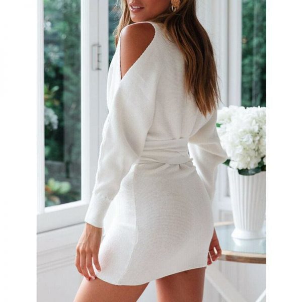 The Best New Women Ladies Knitted Dress Autumn Winter Cold Shoulder Long Sleeve Office Lady Fashion Bodycon Mini Dresses Online - Takalr