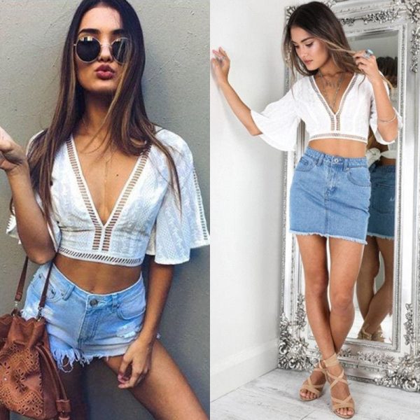 The Best New Women Ladies Loose V-Neck Pullover Crop Tops Summer Sexy Frill Bralet Boobtube Top Party Blouse Casual Online - Takalr