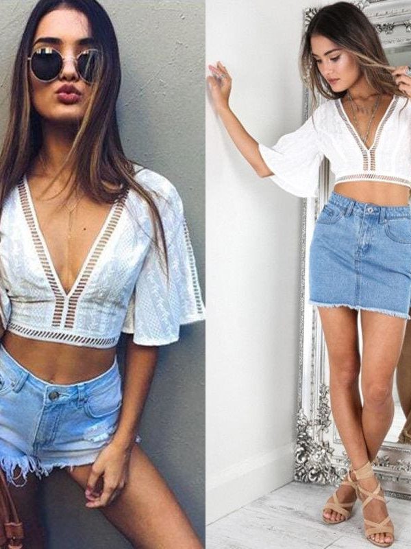 The Best New Women Ladies Loose V-Neck Pullover Crop Tops Summer Sexy Frill Bralet Boobtube Top Party Blouse Casual Online - Takalr