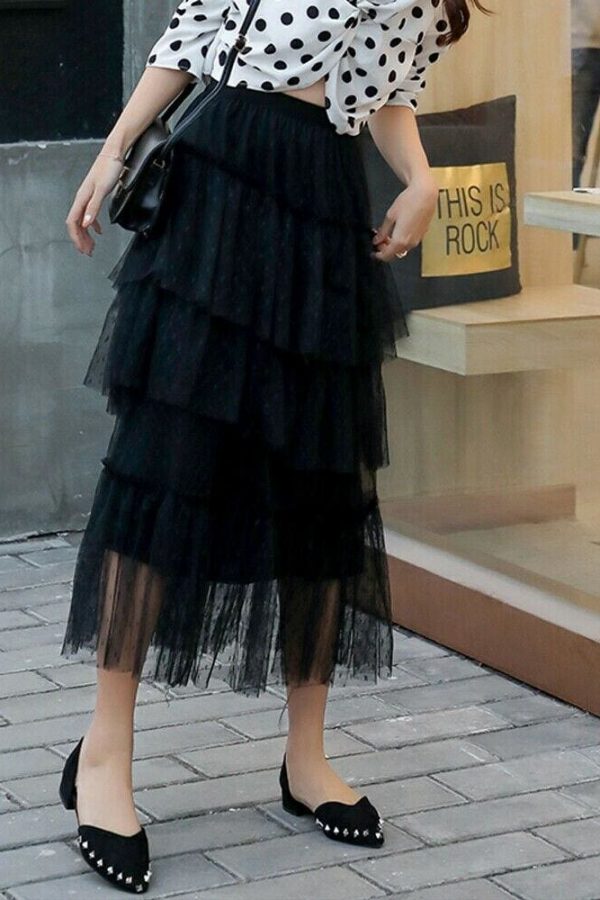 The Best New Women Ladies Retro Stretch High Waist Lace Flared Pleated Swing Tulle Mesh Tutu Skirt Summer Casual Loose Beach Sundress Online - Takalr