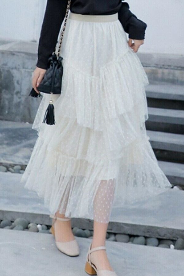 The Best New Women Ladies Retro Stretch High Waist Lace Flared Pleated Swing Tulle Mesh Tutu Skirt Summer Casual Loose Beach Sundress Online - Takalr