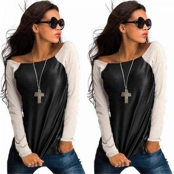 The Best New Women Leather Patchwork Long Sleeve Sweatshirt T-Shirt Autumn Ladies Casual Loose Blouse Tops Online - Source Silk