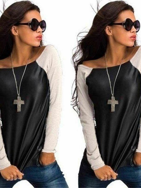 The Best New Women Leather Patchwork Long Sleeve Sweatshirt T-Shirt Autumn Ladies Casual Loose Blouse Tops Online - Source Silk