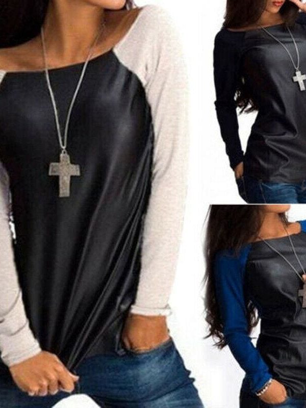 The Best New Women Leather Patchwork Long Sleeve Sweatshirt T-Shirt Autumn Ladies Casual Loose Blouse Tops Online - Source Silk