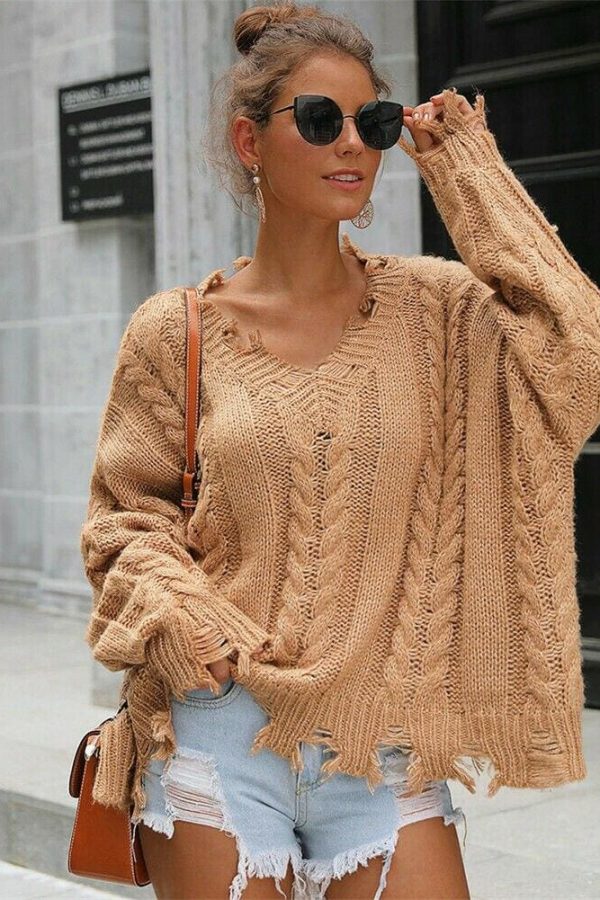 The Best New Women Loose Knitted Pullover Jumper Sweater ;Ladies Casual V-Neck Long Sleeve Warm Winter Knitwear Top Online - Takalr