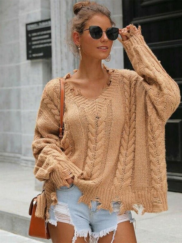 The Best New Women Loose Knitted Pullover Jumper Sweater ;Ladies Casual V-Neck Long Sleeve Warm Winter Knitwear Top Online - Takalr