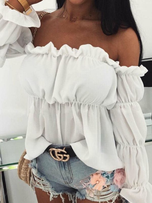 The Best New Women Loose Off Shoulder Long Sleeve Casual Shirt Tops Fashion Ladies Summer T-shirt Clothing Beach Holiday Streetwear Online - Takalr