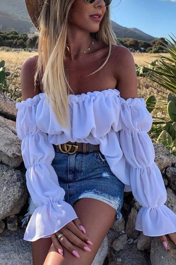 The Best New Women Loose Off Shoulder Long Sleeve Casual Shirt Tops Fashion Ladies Summer T-shirt Clothing Beach Holiday Streetwear Online - Takalr