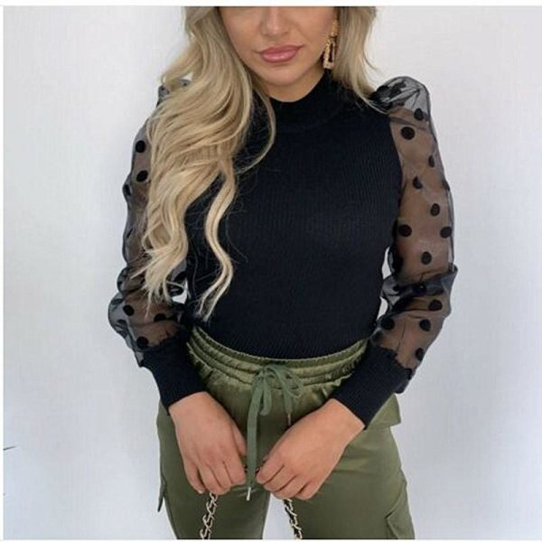 The Best New Women Mesh Sheer Puff Sleeve Blouse Top Spring Autumn Turtleneck Casual Long Sleeve Sexy Blouse Shirt Online - Takalr