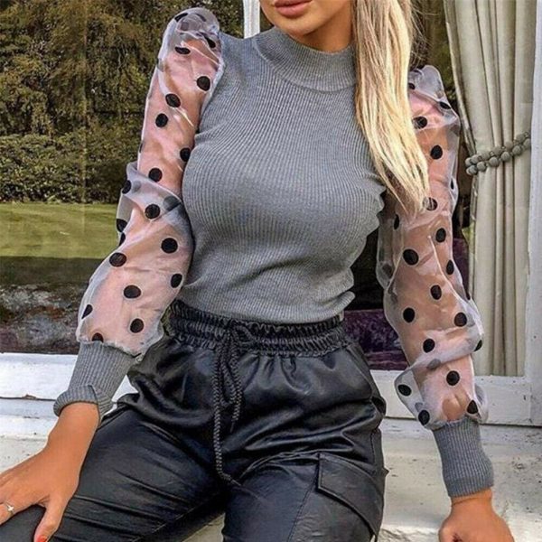 The Best New Women Mesh Sheer Puff Sleeve Blouse Top Spring Autumn Turtleneck Casual Long Sleeve Sexy Blouse Shirt Online - Takalr