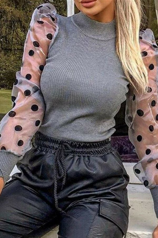 The Best New Women Mesh Sheer Puff Sleeve Blouse Top Spring Autumn Turtleneck Casual Long Sleeve Sexy Blouse Shirt Online - Takalr