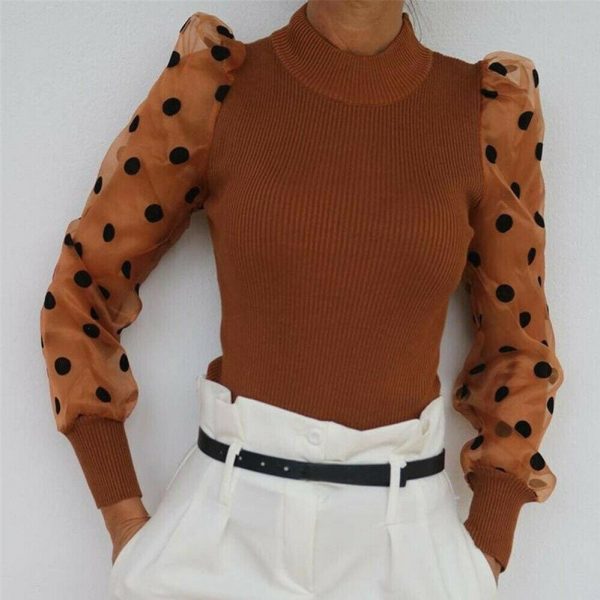 The Best New Women Mesh Sheer Puff Sleeve Blouse Top Spring Autumn Turtleneck Casual Long Sleeve Sexy Blouse Shirt Online - Takalr