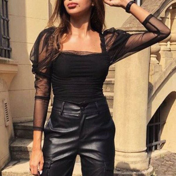 The Best New Women Mesh Sheer Puff Sleeve Ladies Casual Autumn Top Square neck Long Sleeve Slim Fit Tee Shirts Blouse Online - Takalr