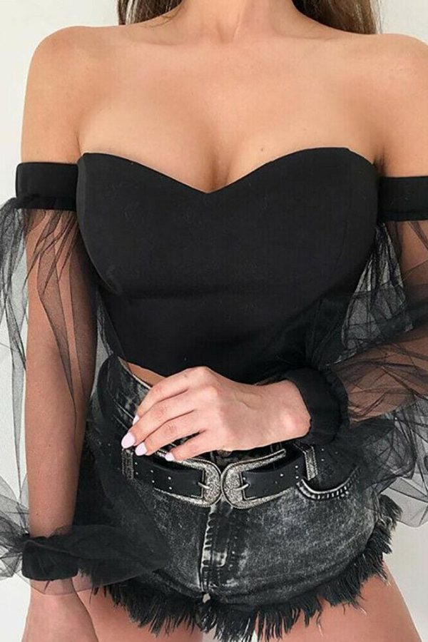 The Best New Women Perspective Long Sleeve Tops Fashion Bubble Sleeve Crop Top Tube Blouse Shirt Summer Beach Holiday Online - Takalr