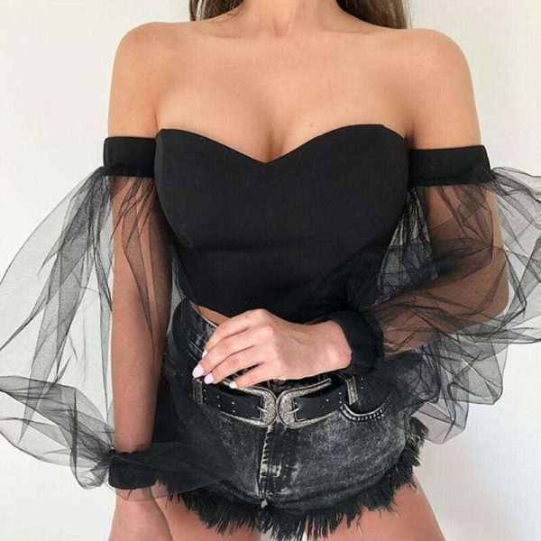 The Best New Women Perspective Long Sleeve Tops Fashion Bubble Sleeve Crop Top Tube Blouse Shirt Summer Beach Holiday Online - Takalr