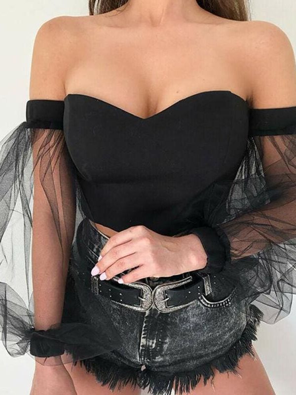 The Best New Women Perspective Long Sleeve Tops Fashion Bubble Sleeve Crop Top Tube Blouse Shirt Summer Beach Holiday Online - Takalr