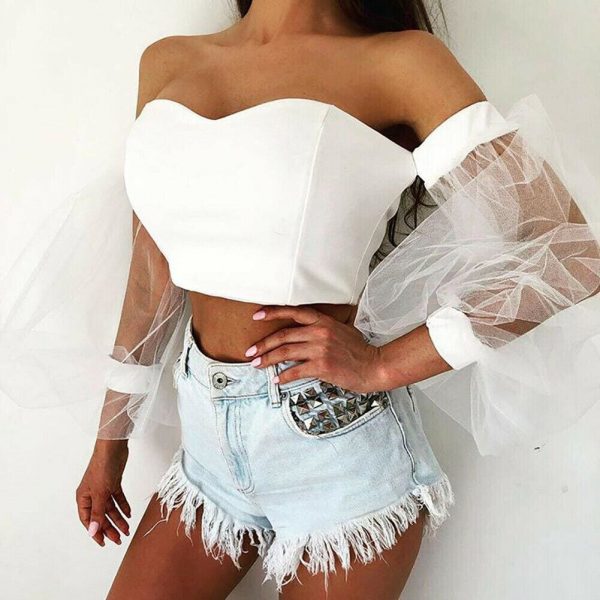 The Best New Women Perspective Long Sleeve Tops Fashion Bubble Sleeve Crop Top Tube Blouse Shirt Summer Beach Holiday Online - Takalr