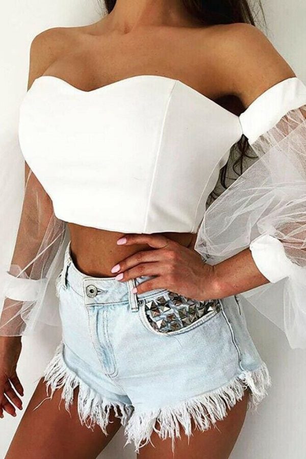 The Best New Women Perspective Long Sleeve Tops Fashion Bubble Sleeve Crop Top Tube Blouse Shirt Summer Beach Holiday Online - Takalr