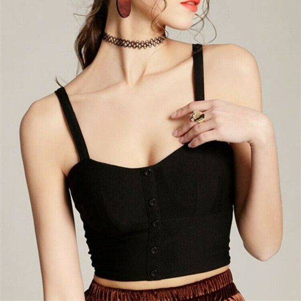 The Best New Women Pure Solid Striped Sling Top Summer Ladies Casual V-neck Padded Crop Tank Tops Button Vest Online - Takalr