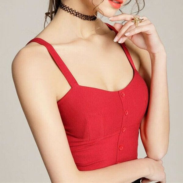 The Best New Women Pure Solid Striped Sling Top Summer Ladies Casual V-neck Padded Crop Tank Tops Button Vest Online - Takalr