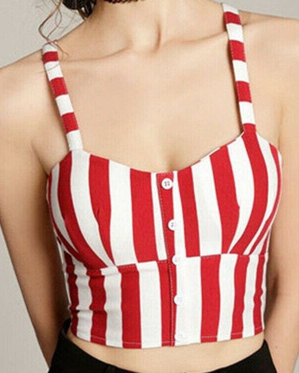 The Best New Women Pure Solid Striped Sling Top Summer Ladies Casual V-neck Padded Crop Tank Tops Button Vest Online - Takalr