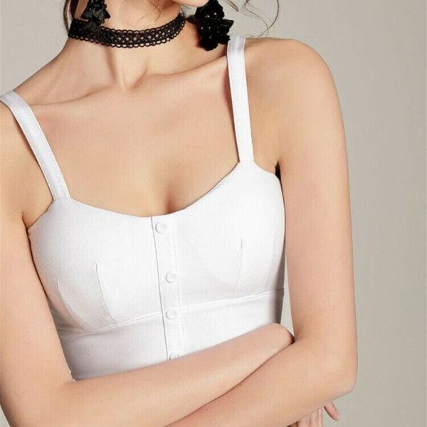 The Best New Women Pure Solid Striped Sling Top Summer Ladies Casual V-neck Padded Crop Tank Tops Button Vest Online - Takalr