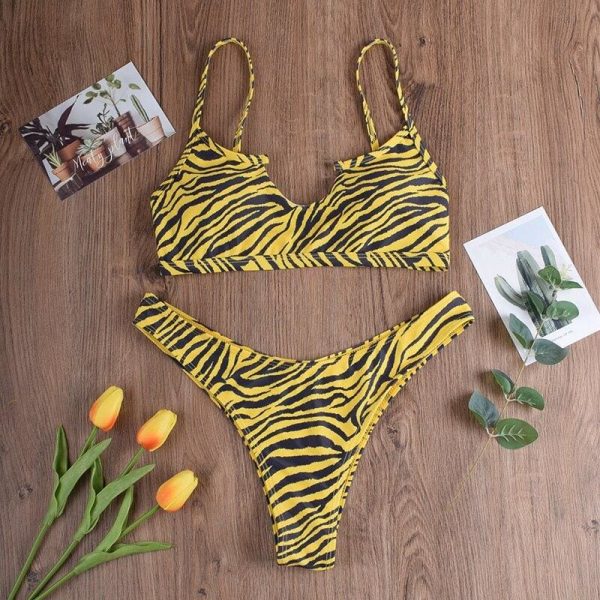 The Best NEW Women Push up Bikini Set Padded Bra Striped Bandage Closed Swimsuit Swimwear Tiger Print Beach Bathing 2020 Hot Online - Takalr