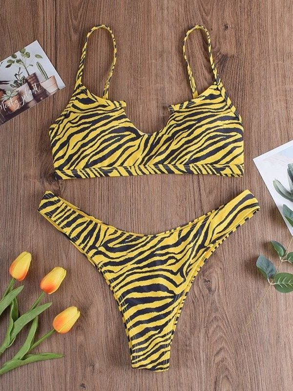 The Best NEW Women Push up Bikini Set Padded Bra Striped Bandage Closed Swimsuit Swimwear Tiger Print Beach Bathing 2020 Hot Online - Takalr