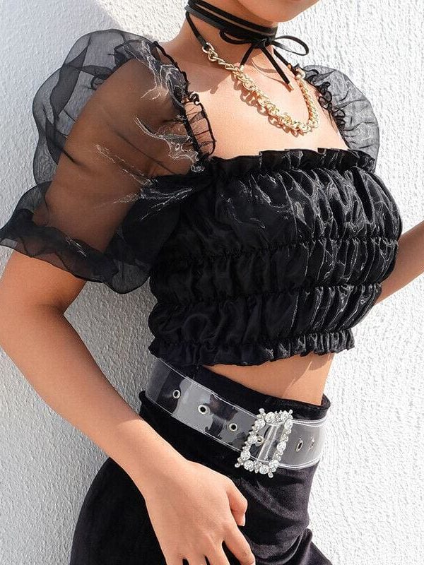 The Best New Women Ruffle Puff Sleeve Shirt Fashion Ladies Summer Casual Blouse Crop Cami Tops Shirt Beach Holiday Clothes Online - Takalr