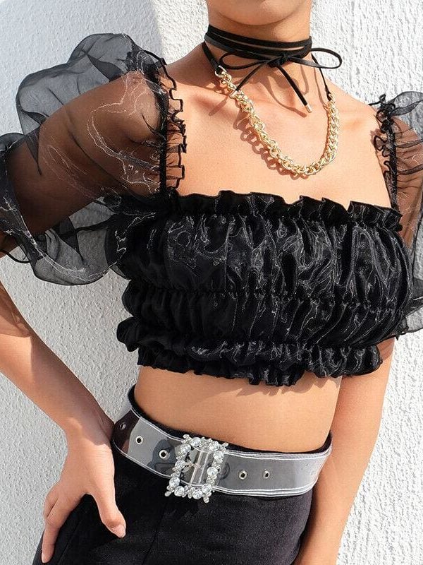 The Best New Women Ruffle Puff Sleeve Shirt Fashion Ladies Summer Casual Blouse Crop Cami Tops Shirt Beach Holiday Clothes Online - Takalr