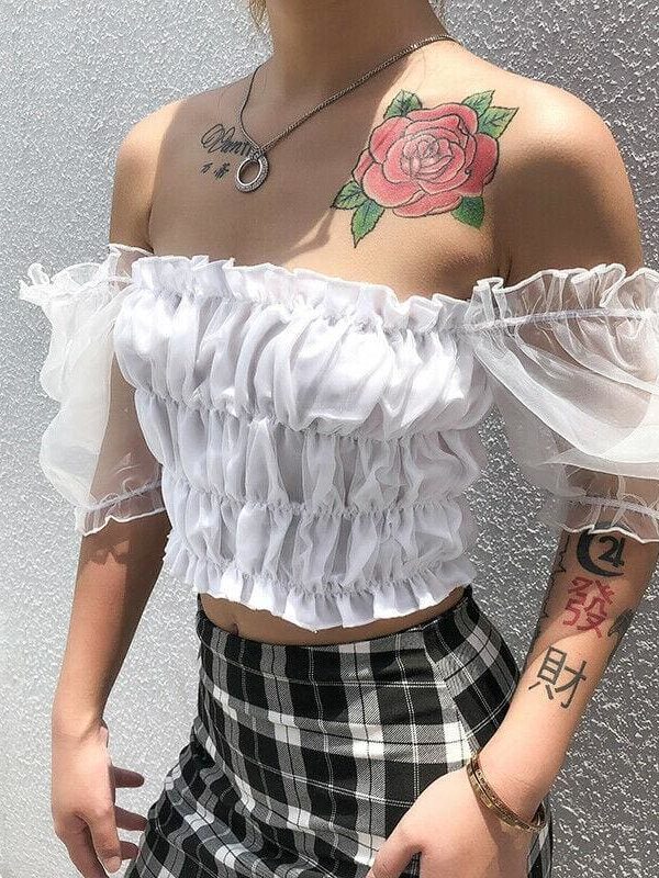 The Best New Women Ruffle Puff Sleeve Shirt Fashion Ladies Summer Casual Blouse Crop Cami Tops Shirt Beach Holiday Clothes Online - Takalr