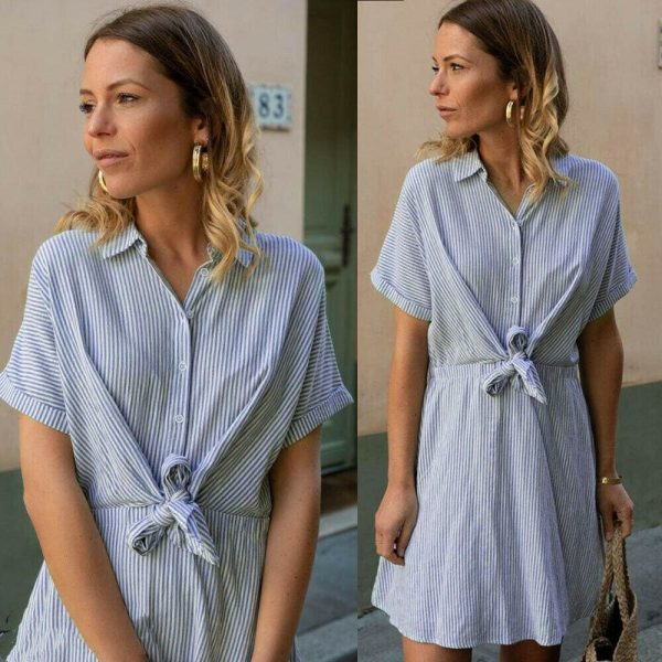 The Best New Women Short Sleeve Button Bandage Dress Summer Ladies V Neck Belted Casual Beach Party Striped Sundress Online - Takalr