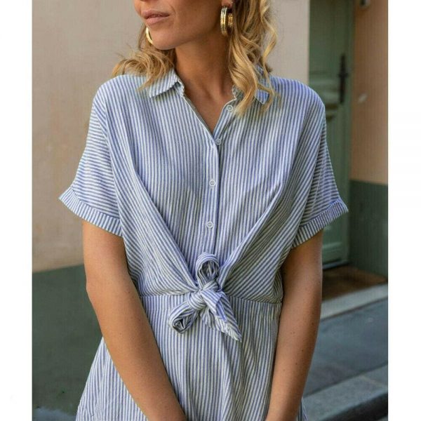 The Best New Women Short Sleeve Button Bandage Dress Summer Ladies V Neck Belted Casual Beach Party Striped Sundress Online - Takalr