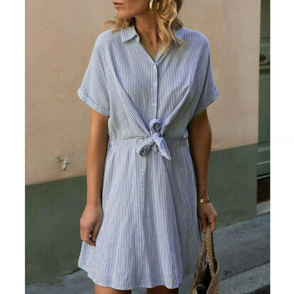 The Best New Women Short Sleeve Button Bandage Dress Summer Ladies V Neck Belted Casual Beach Party Striped Sundress Online - Takalr